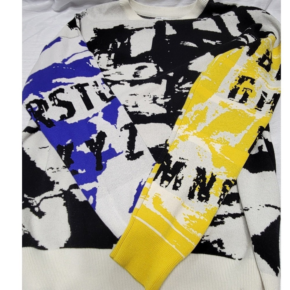 Graphic Zara Mens Abstract Crewneck Sweater Black White Blue Yellow Size L